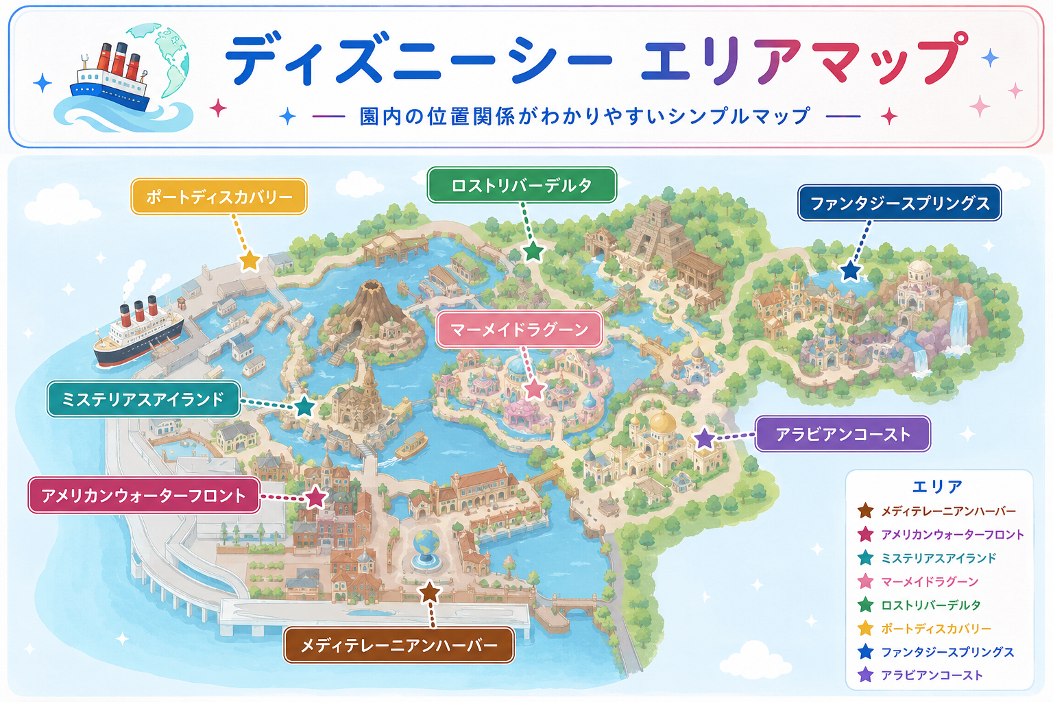 東京ディズニーシーのエリア位置関係マップ